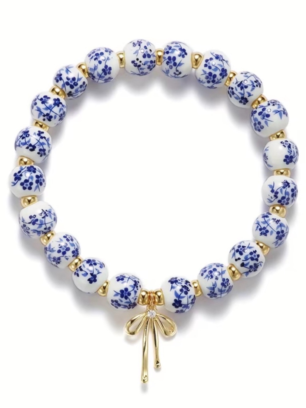 Gold Bow Charm Blue & White Floral Bead Bracelet